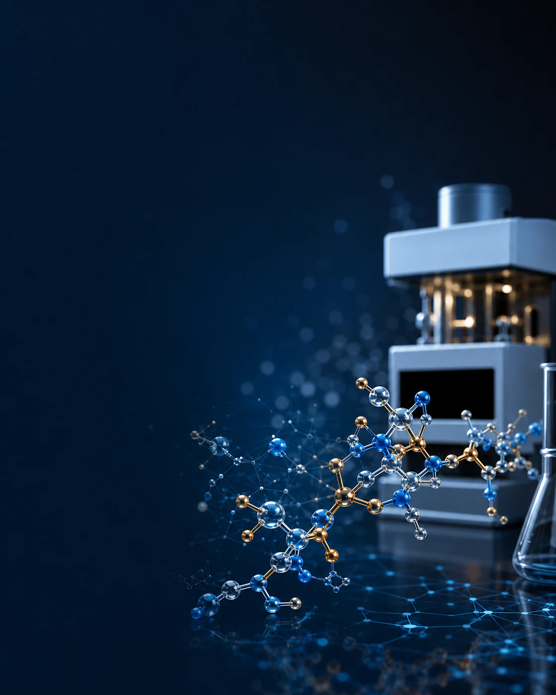 Molecular model beside analytical laboratory equipment